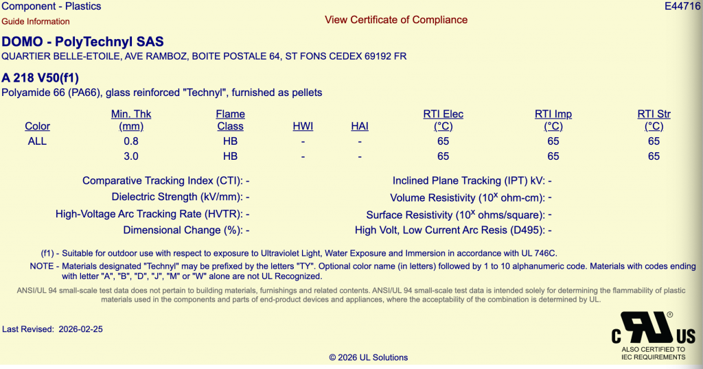 TECHNYL A 218 V50 NC-Glass Fiber Reinforced, UL f1 certified